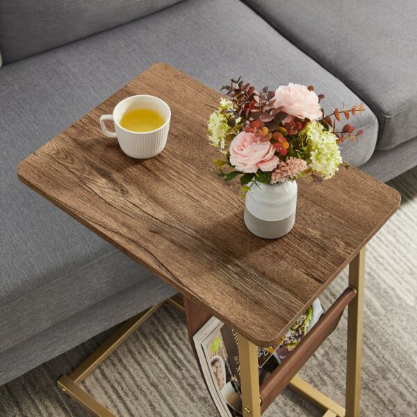 طاولة جانبية هوقا ستيل و سطح خشبي بني وذهبي - 62x50x35 سم