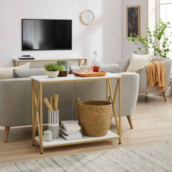 طاولة كونسول فانيل من هوقا ستيل و سطح خشبي أبيض و ذهبي - 100x80x35 سم