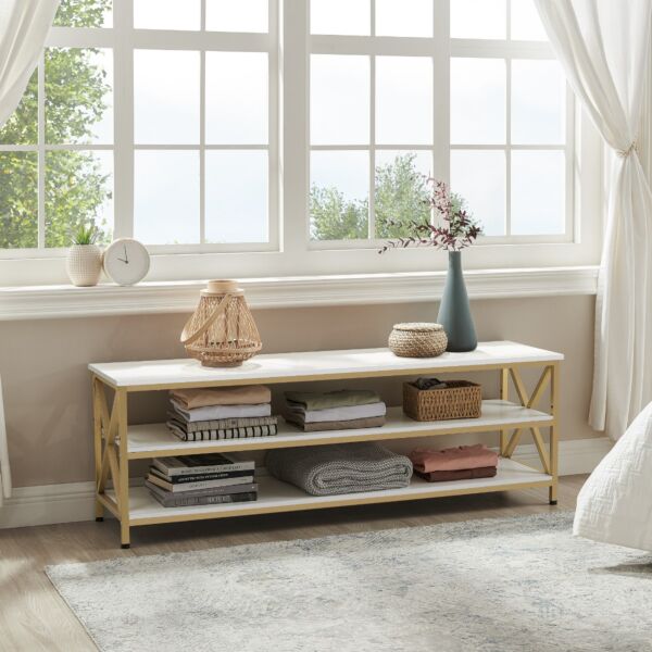 طاولة تلفزيون هوقا خشب و ستيل أبيض و ذهبي - 147x50x40 سم