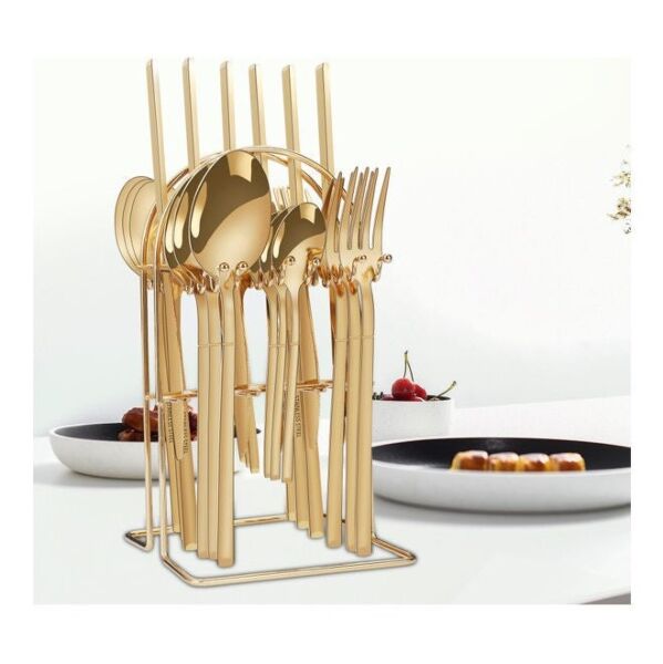 طقم أدوات مائدة من الستانلس ستيل 24 قطعة مع حامل - ذهبي