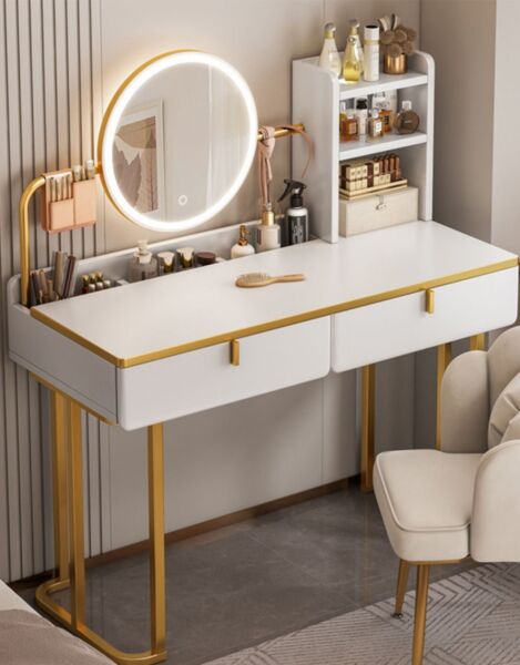 طاولة تزيين فانيتي مع مرآة ليد ودرجين - أبيض