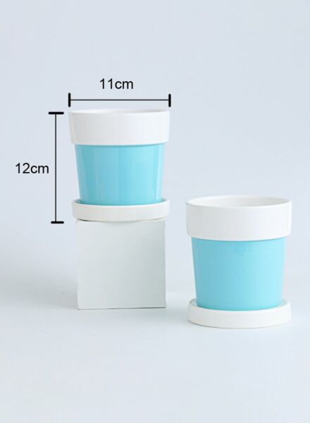 مركن زرع سيراميك للزينة - ابيض وازرق