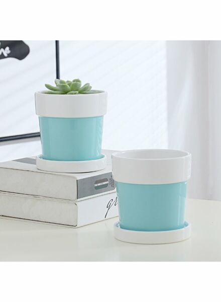 مركن زرع سيراميك للزينة - ابيض وازرق