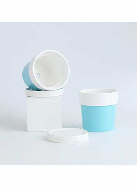 مركن زرع سيراميك للزينة - ابيض وازرق