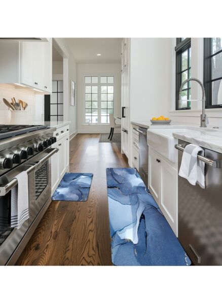 مجموعة سجادات مطبخ من الميكروفايبر قطعتين ازرق