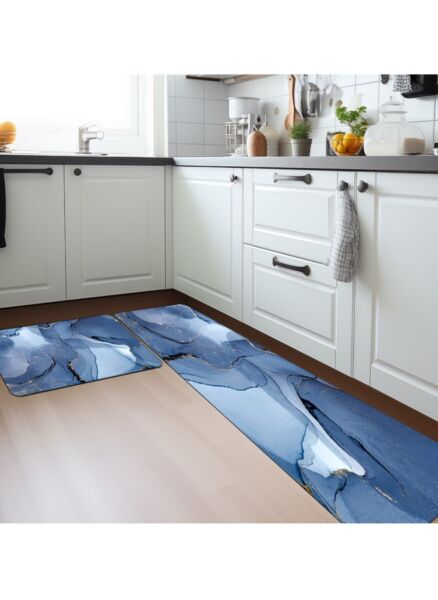 مجموعة سجادات مطبخ من الميكروفايبر قطعتين ازرق