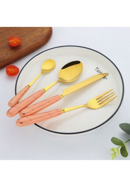 طقم أدوات مائدة صن هوم 24 قطعة مع حامل وردي