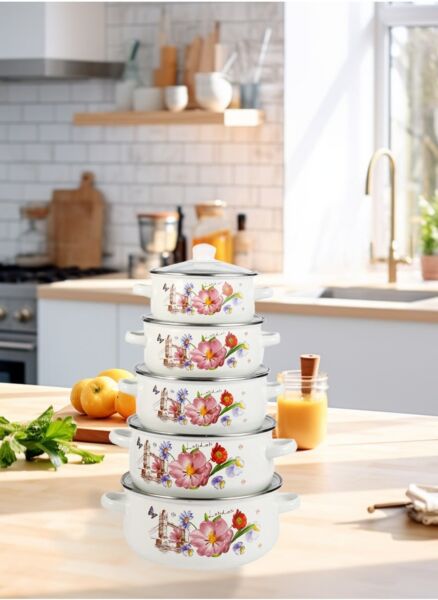 طقم قدور من 5 قطع - ابيض ومتعدد الالوان