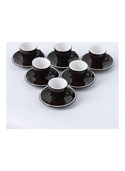طقم فنجان وصحون قهوة 12 قطعة - بني وابيض