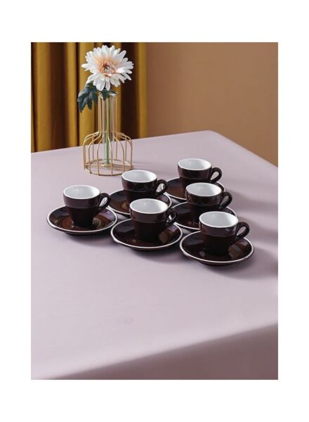 طقم فنجان وصحون قهوة 12 قطعة - بني وابيض