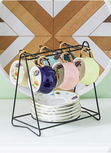 طقم اكواب وصحون بإطار حديدي ميناس - متعدد الالوان وذهبي