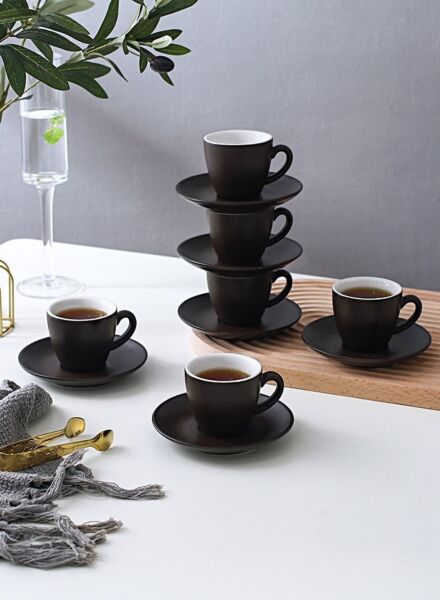 طقم فنجان وصحون قهوة 12 قطعة - بني