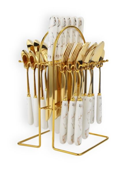 طقم اداوات مائدة فولاذ مقاوم للصدأ 24 قطعة مع حامل - أبيض