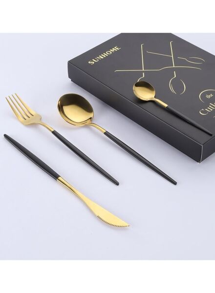 طقم أدوات مائدة ستانلس ستيل 4 قطع - أسود وذهبي