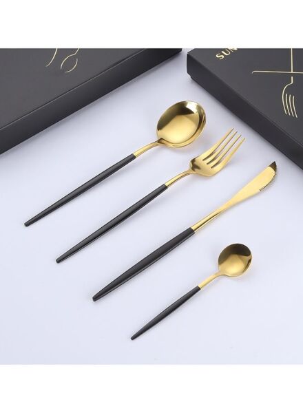 طقم أدوات مائدة ستانلس ستيل 4 قطع - أسود وذهبي