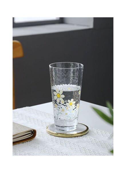 كأس زجاجي طبعة زهرة دوار الشمس - شفاف