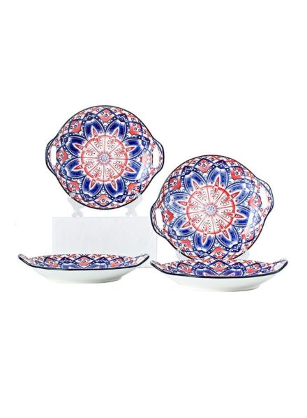 طقم أطباق دائرية مطلية يدويا 4 قطع - متعدد الالون