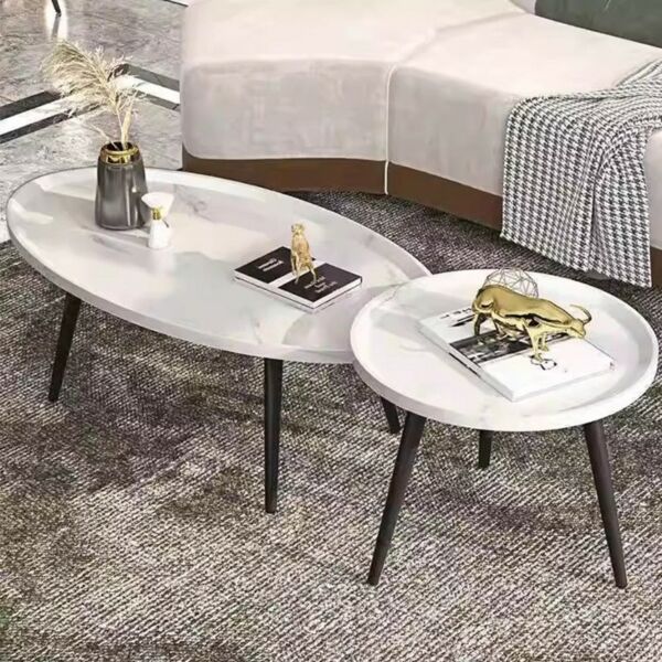 طقم طاولة قهوة وطاولة جانبية بنمط رخامي - ابيض