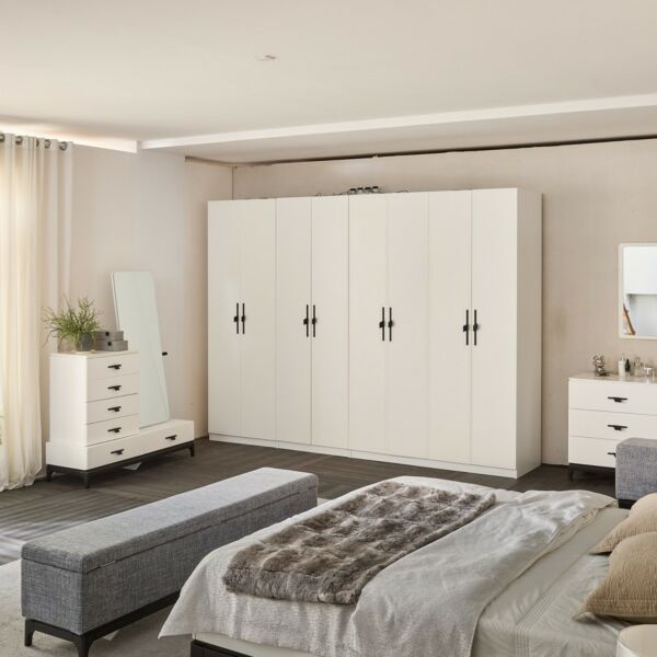 طقم غرفة نوم كينغ 8 قطع 180x200 سم بينار - ابيض ورمادي