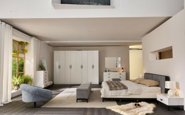 طقم غرفة نوم كينغ 8 قطع 180x200 سم بينار - ابيض ورمادي