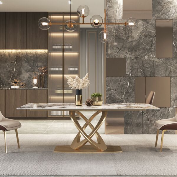 طاولة طعام مارلا 6 أشخاص - ابيض وذهبي بدون كراسي