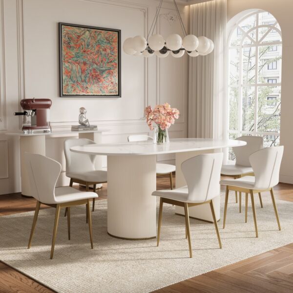 طاولة طعام مودرن جوليان 6 أشخاص - لون أبيض رخامي وذهبي