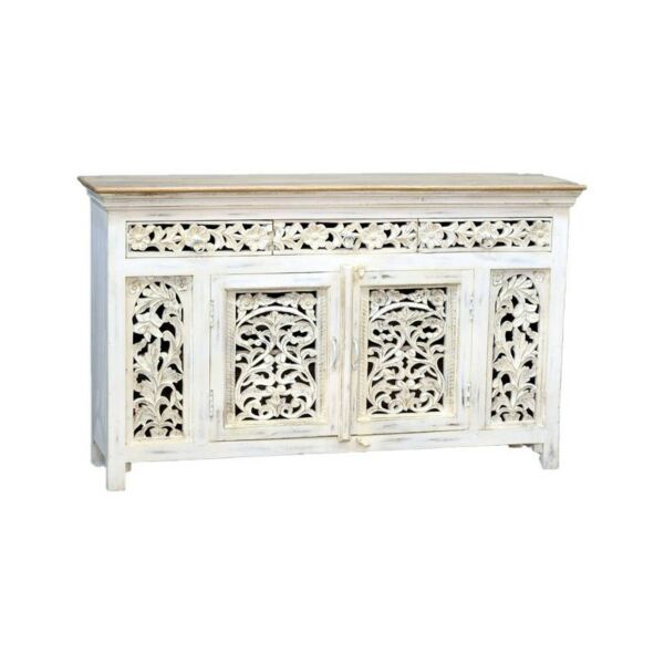 خزانة بوفية جانبية حفر يدوي داخلي لون ابيض  - كارفينغ 