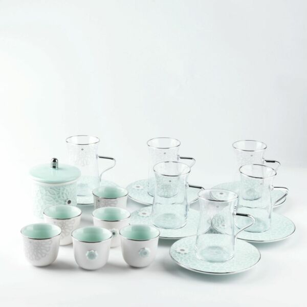 طقم شاي وقهوة عربية 19 قطعة من اصالة - ازرق وفضي