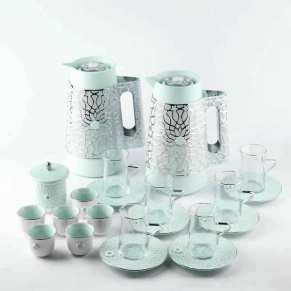 طقم شاي وقهوة 21 قطعة من أصالة - أزرق وفضي