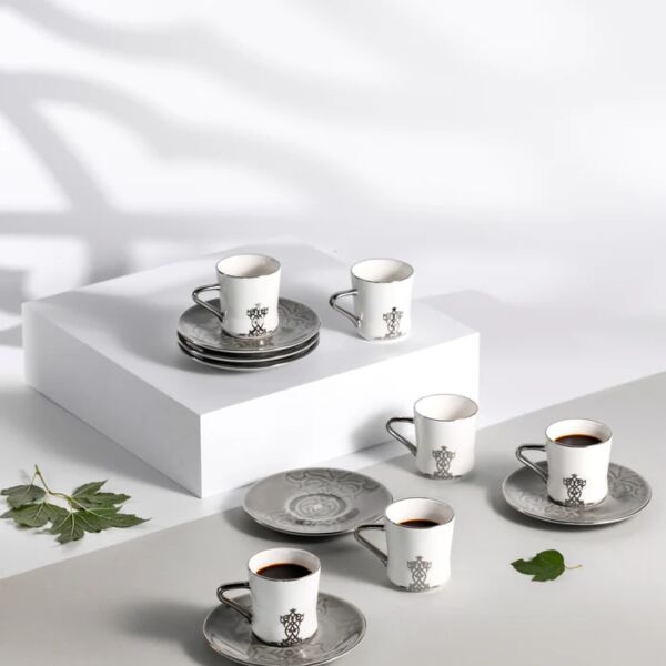 طقم فنجان قهوة تركية 12 قطعة من نقش - رمادي وفضي