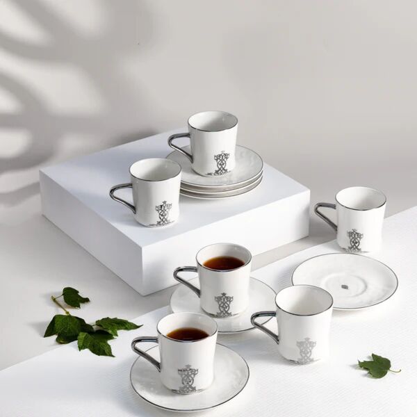 طقم اكواب شاي 12 قطعة من نقش - ابيض وفضي