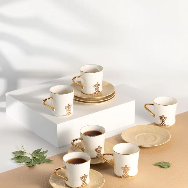 طقم اكواب شاي 12 قطعة من نقش - عاجي وذهبي
