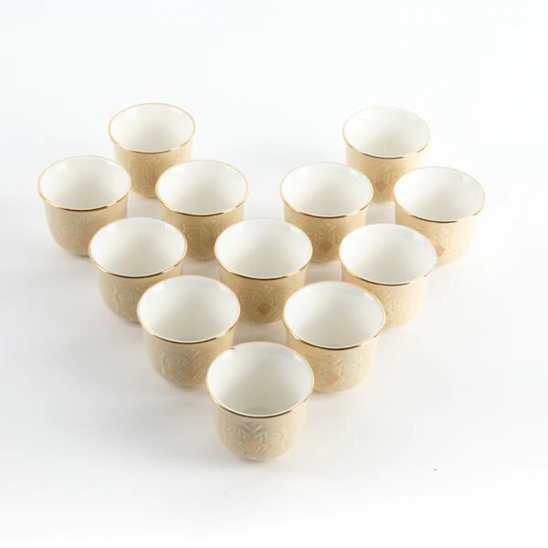 طقم فنجان قهوة سعودية 12 قطعة من نقش - عاجي وذهبي