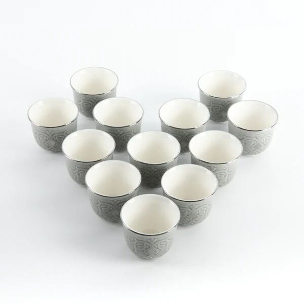 طقم فنجان قهوة سعودية 12 قطعة من نقش - رمادي وفضي