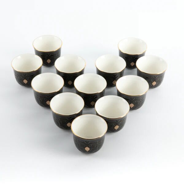 طقم فنجان قهوة سعودية 12 قطعة من نقش - اسود وذهبي