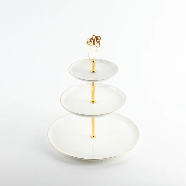 حامل حلويات بورسلان 3 طبقات من نقش - ابيض وذهبي