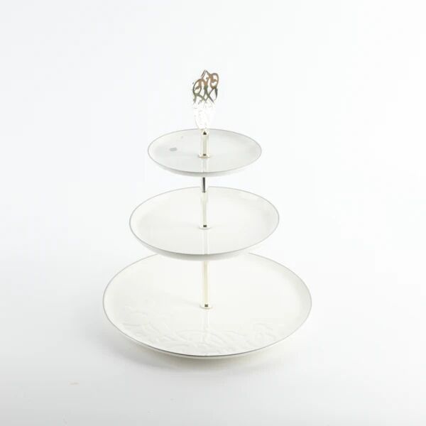 حامل حلويات بورسلان 3 طبقات من نقش - ابيض وفضي