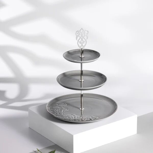 حامل حلويات بورسلان 3 طبقات من نقش - رمادي وفضي