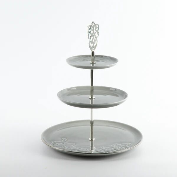 حامل حلويات بورسلان 3 طبقات من نقش - رمادي وفضي