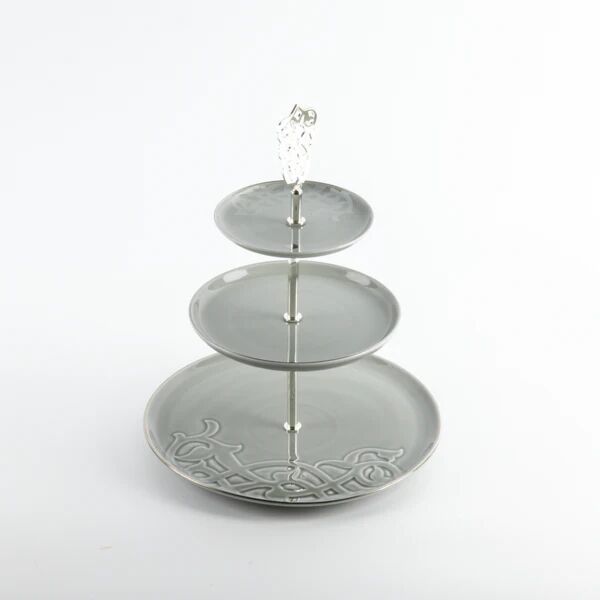 حامل حلويات بورسلان 3 طبقات من نقش - رمادي وفضي