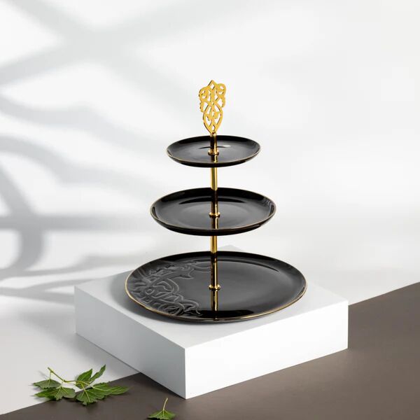 حامل حلويات بورسلان 3 طبقات من نقش - اسود وذهبي