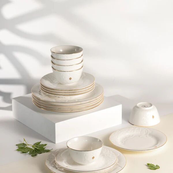 طقم مائدة 18 قطعة من نقش - ابيض وذهبي