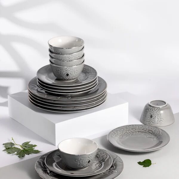 طقم مائدة 18 قطعة من نقش - رمادي وفضي