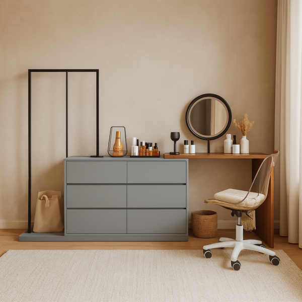 طاولة تزيين مع مرآة وكرسي ربيكا - رمادي فاتح ومتعدد الالوان