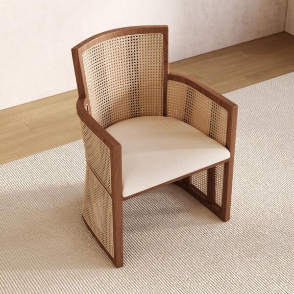 كرسي طعام راتان طبيعي من ويلو قلو - بني وبيج