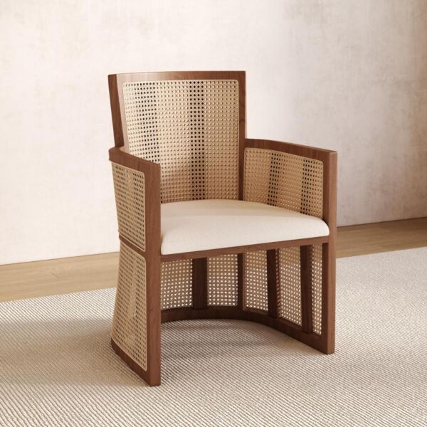 كرسي طعام راتان طبيعي من ويلو قلو - بني وبيج