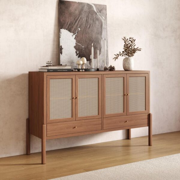 طاولة بوفيه راتان طبيعي من ويلو - بني وبيج