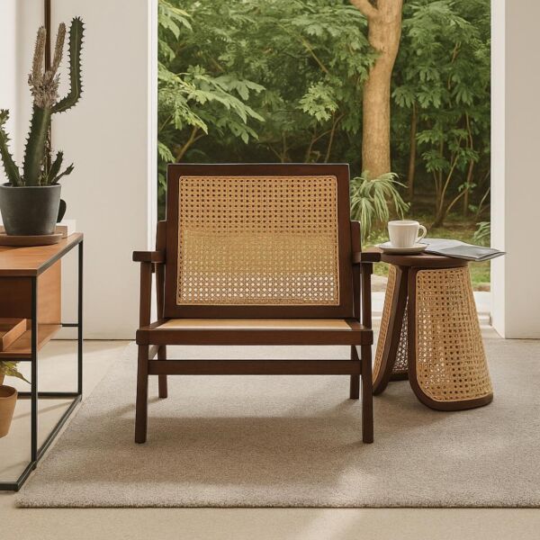 طاولة جانبية راتان طبيعي من ويلو - بني وبيج