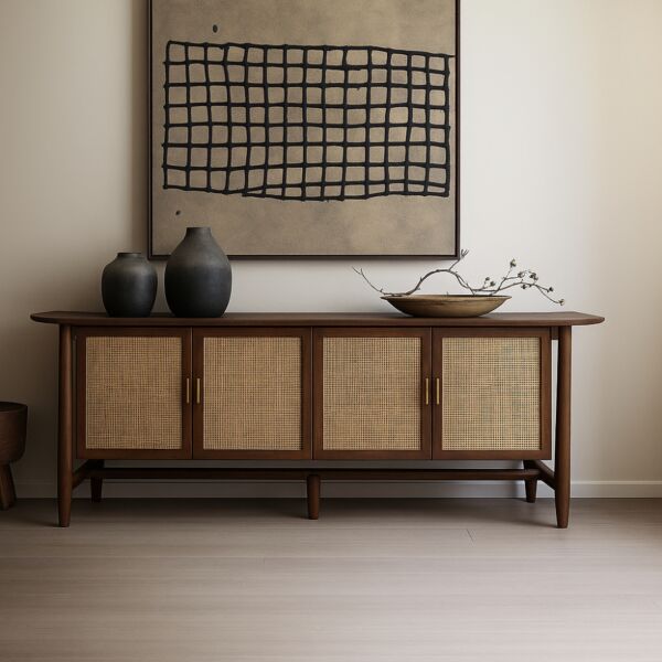 طاولة بوفيه راتان طبيعي من ويلو قلو - بني وبيج