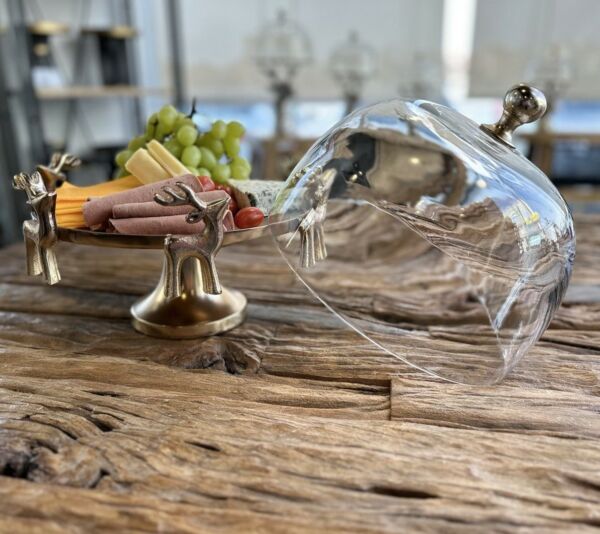 طبق تقديم بقاعدة مرتفعة بحواف مجسم غزلان مقاس كبير - لون ذهبي